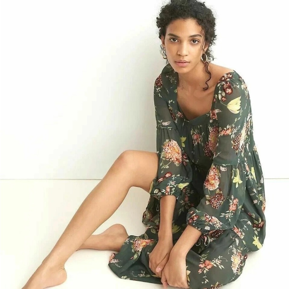 Anthropologie Evelin Floral Maxi Tiered Dress in Green